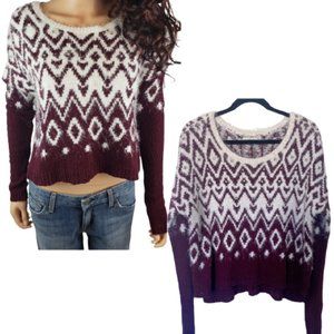 Abercrombie & Fitch Maroon Embellished Eyelash Knit Fuzzy Fair Isle Swea…
